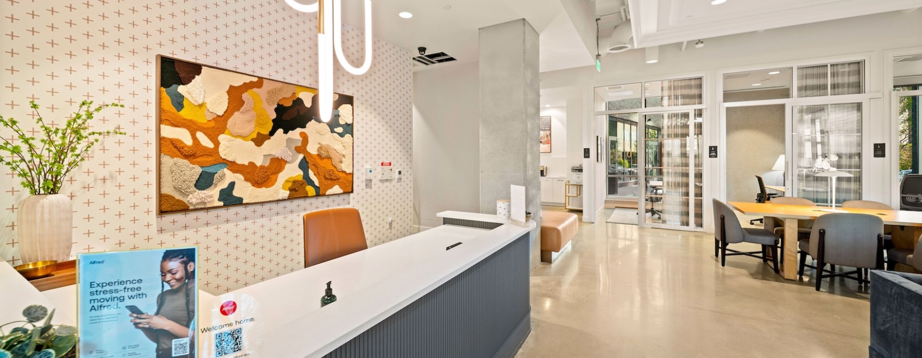 a receptions desk with a chair