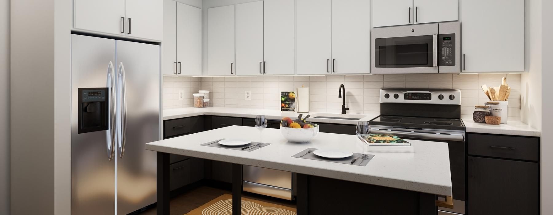 a kitchen with white cabinets